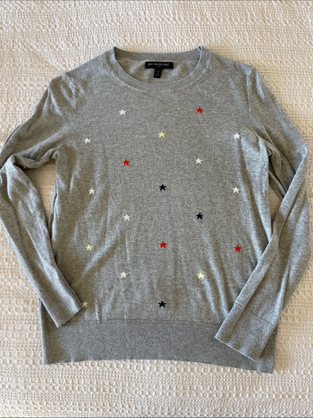 Banana Republic Light Gray Crewneck Sweater with Multicolor Star Embroidery